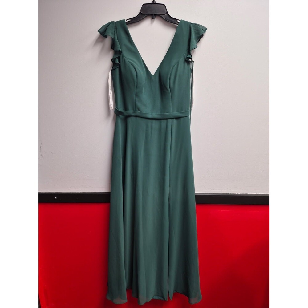 Azazie Claudine Pine Green Flutter Sleeve Chiffon Maxi Dress A10 Altered V-Neck